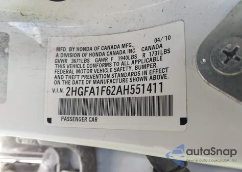 2010 Honda Civic Lx-S from USA, damaged, VIN 2HGFA1F62AH551411